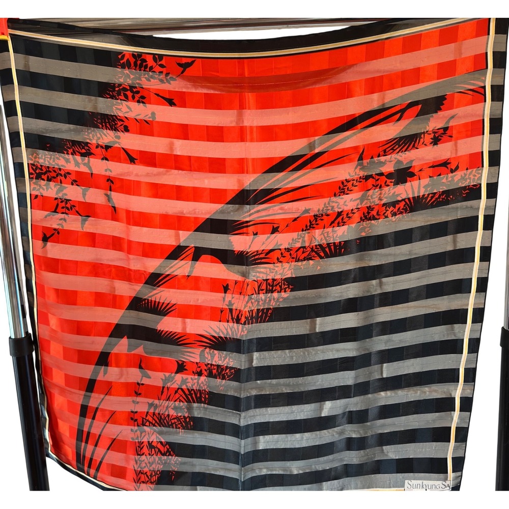 Sunkyung‎ SA Scarf Orange Black Grey Striped Bird Floral Silk Blend 31" Square